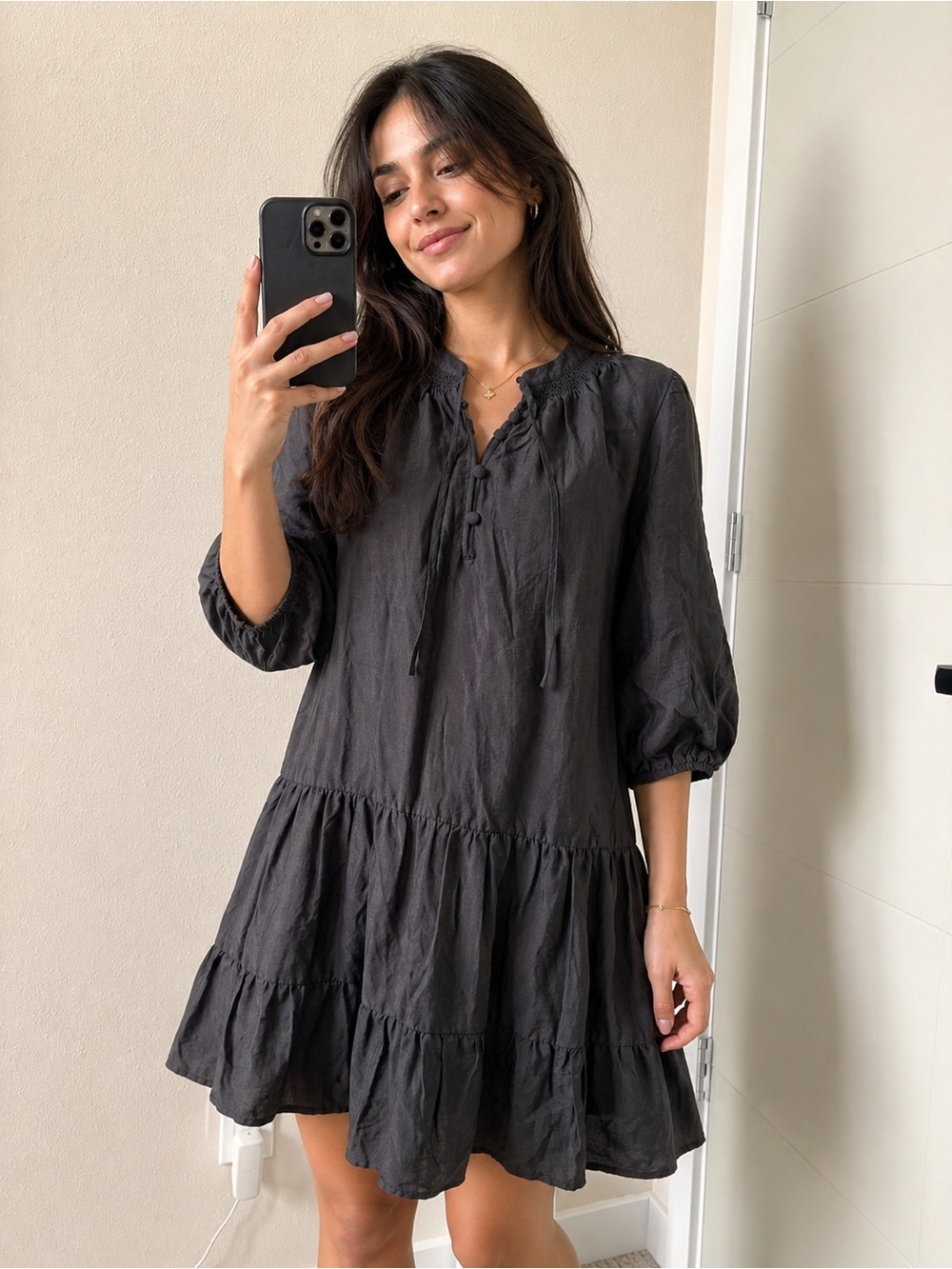 Caslon Black Tiered Mini Dress with Tassel Tie Size XL NEW